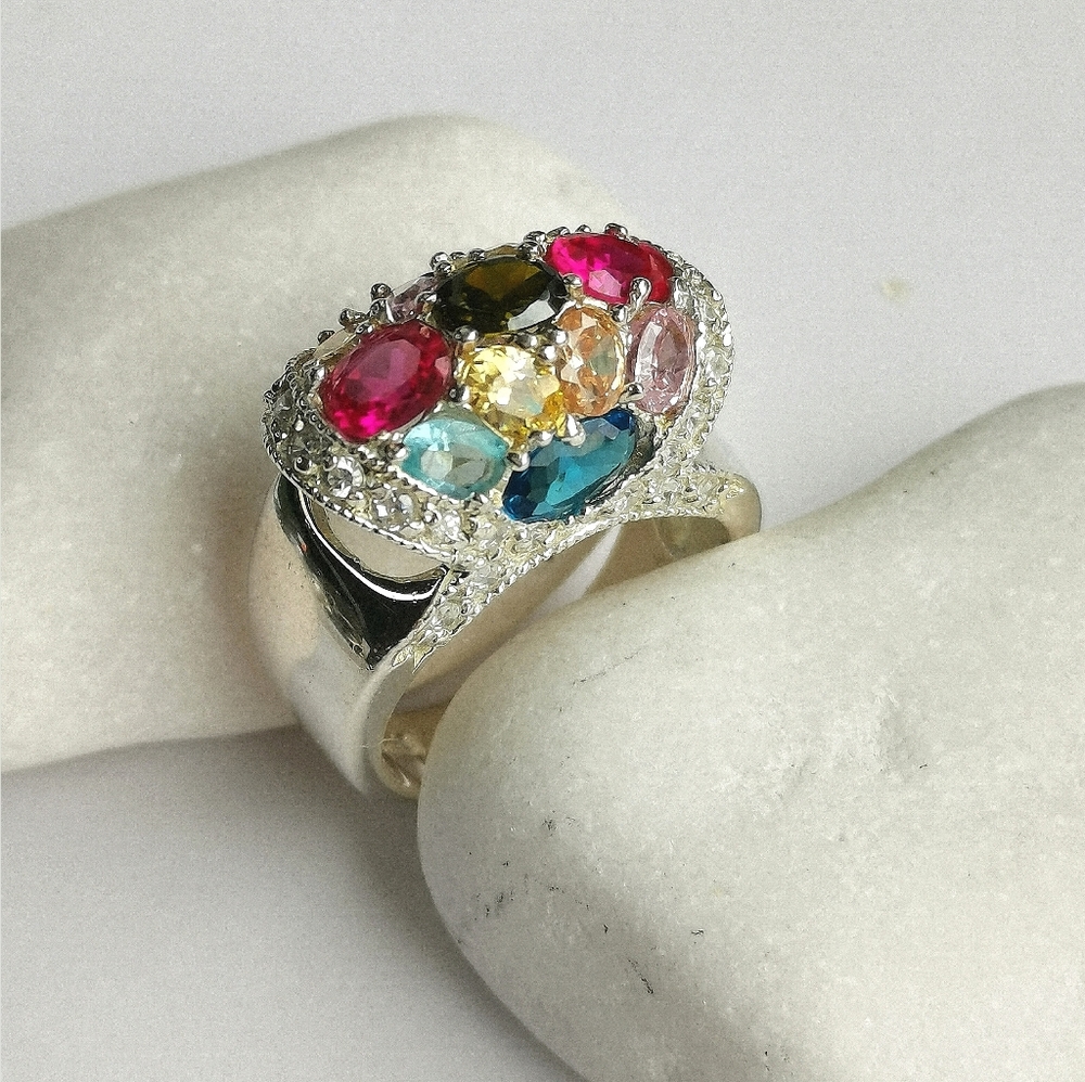 Multi gemstone cz Sterling Silver Ring Size 6 🆕